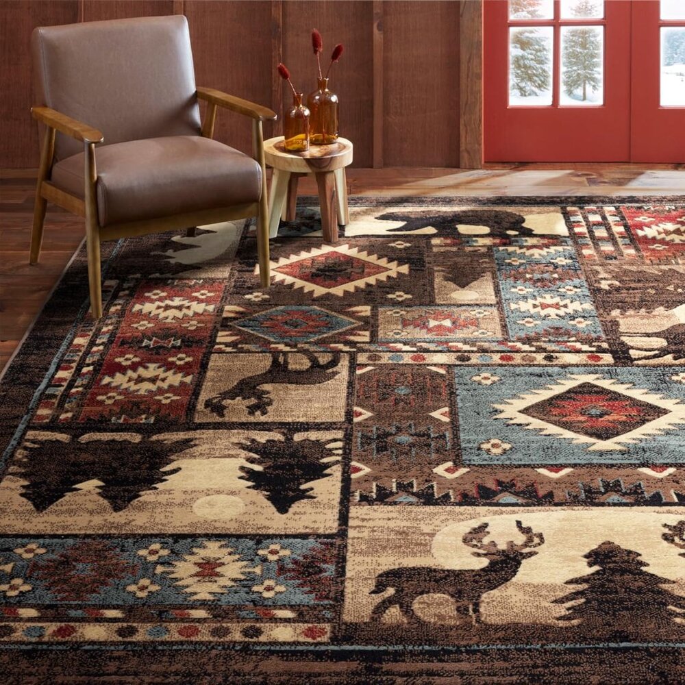 New 5.2x7.2 Buffalo Bear Rustic Area Rug, Brown Red Carpet for Home
